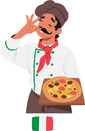 Passionate Italian Chef In Classic White Uniform And Tall Hat  Illustration