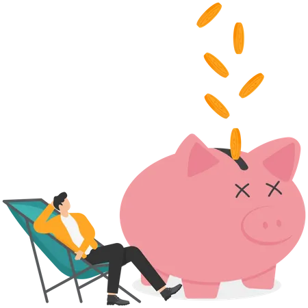 Passive Income Making Money While Doing Nothing Relaxing Or Sleeping Additional Effortless Career To Increase Wealth Concept Businessman Sleeping Near A Piggy Bank With Dollar Coins Flowing Illustration
