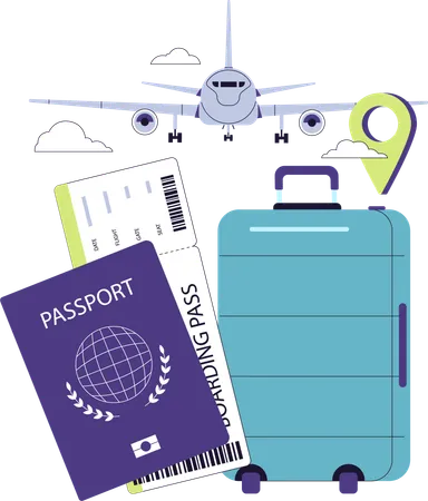 Passport, boarding pass, and luggage prepared for upcoming flight  イラスト