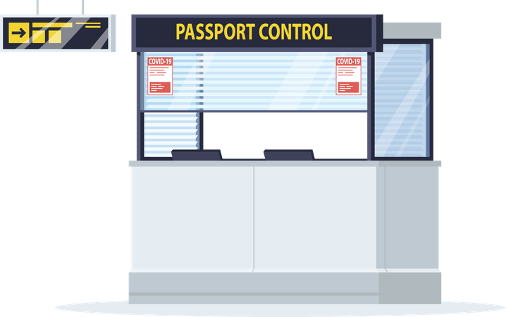 Passport control window with coronavirus warning  Illustration