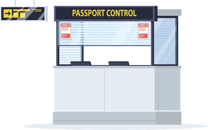 Passport control window with coronavirus warning  Illustration