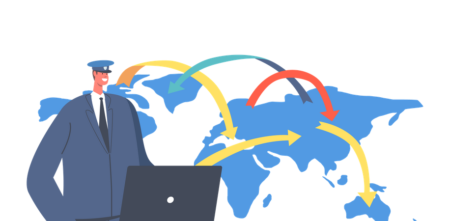 Passport Control Worker Character in Uniform Check Tourists Documents in Airport Illustration