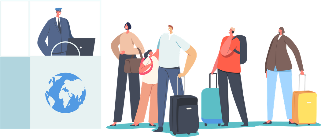 Passport Control Worker Check Tourists Documents in Airport Illustration