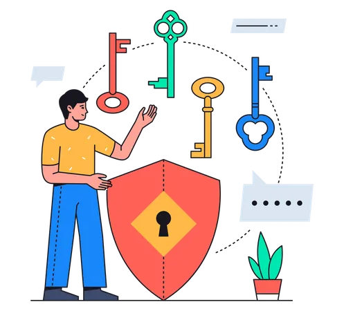 Password Protection Modern Flat Design Style Illustration With Line Elements Internet Security Data Protection Idea A Composition With A User Standing At The Shield With A Keyhole Keys Images Illustration