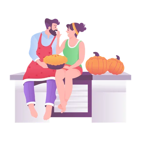 Pastel de calabaza al horno en pareja  Ilustración