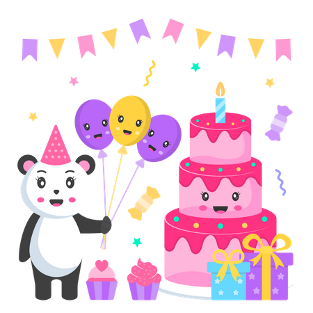 Pastel de cumpleaños y panda con globo.  Ilustración