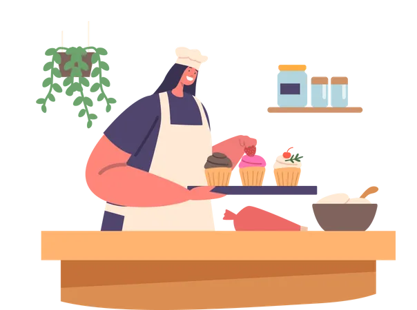 Pastelero Mujer horneando pastel de taza  Ilustración