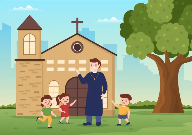Pastor Esta Brincando Com Algumas Criancas Em Frente A Igreja Catolica Interna Em Ilustracao De Modelo Desenhado A Mao De Desenho Plano Ilustração