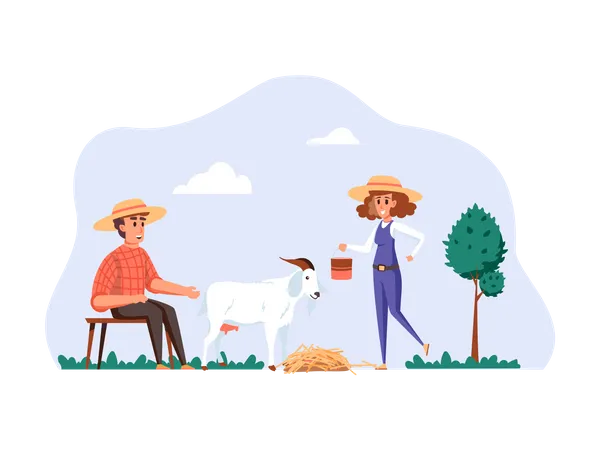 Pastor de cabras alimentando cabra  Ilustração