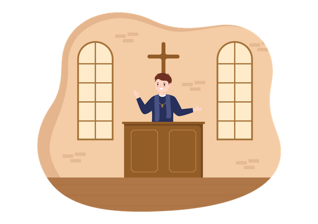 Pastor em pé no altar da igreja  Ilustração