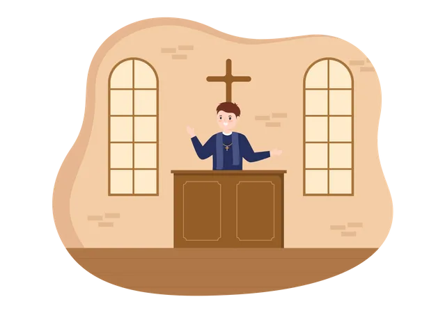 Pastor Dando Um Sermao De Deus Em Batina Em Uma Igreja Catolica Do Pulpito E Batismo Em Ilustracao De Modelos Desenhados A Mao De Desenhos Animados Planos Ilustração