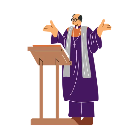 Pastor in round glasses and cassock reads sermon  Illustration