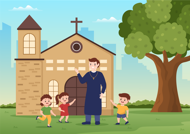 Pastor playing with kids  Illustration