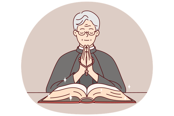 Pastor with rosary praying in church  Illustration