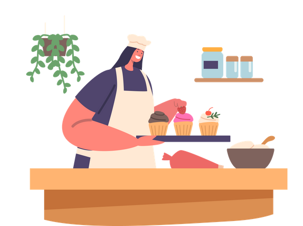 Pastry Chef Female baking cup cake  Illustration
