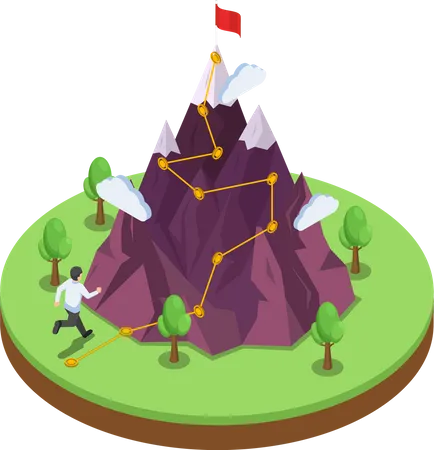 Flat 3 D Isometric Business Journey Path To Success Target On The Top Of Mountain Mountain With Climbing Route To The Peak Career Growth And Goal Achievement Concept Illustration