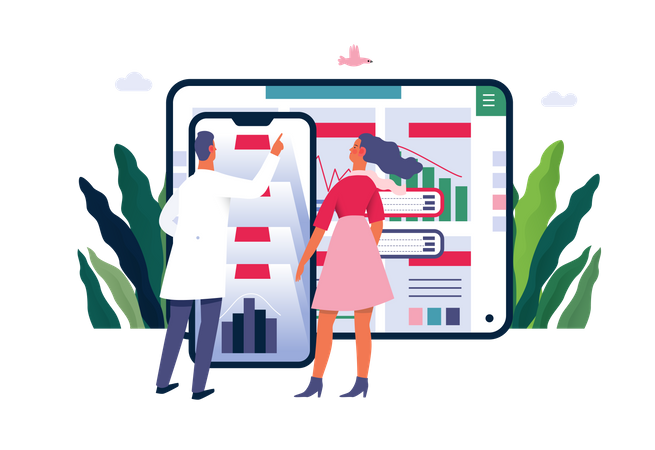 Patient and doctor using the medical application to manage report and prescription  Illustration