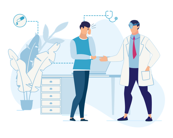 Patient beschreibt dem Arzt im Pflegeheim oder in der Klinik sein gesundheitliches Problem  Illustration