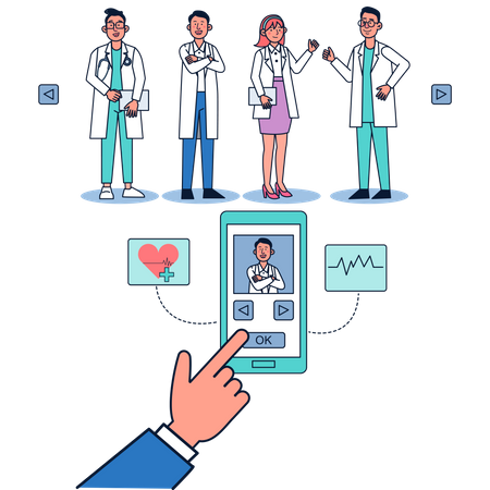 Patient choosing doctor for an appointment online on mobile  Illustration