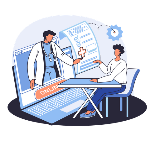 Patient consulting with doctor about health report Illustration