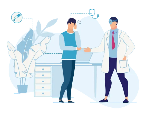 Patient décrivant un problème de santé au médecin dans une maison de retraite ou une clinique  Illustration