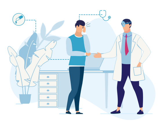 Patient describing health problem to doctor in nursing home or clinic  Illustration