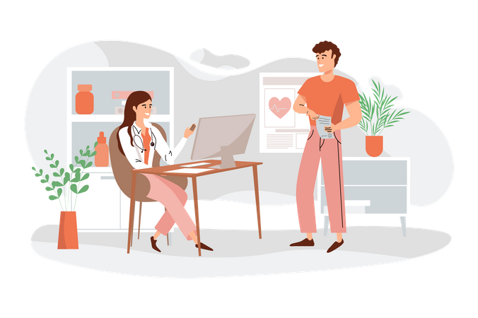 Patient masculin consultant une femme médecin  Illustration