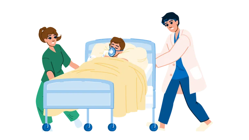 Patient is sleeping on hospital bed  イラスト
