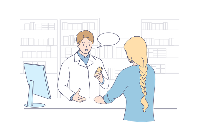 Patient is standing at pharmacy reception  Illustration