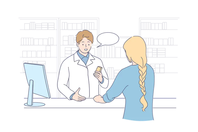 Pharmacy And Drugstore Concept Young Smiling Pharmacist Doctor Cartoon Character Consulting Woman Patient Customer In Drugstore Vector Illustration Illustration