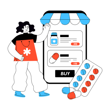 Patient kauft Medikamente online  Illustration