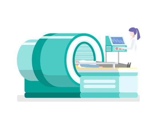 Special Device For Mri Vector Isolated Assistant Doctor With Patient Magnetic Resonance Scanning Nurse With Male On Table Radiology In Hospital Illustration
