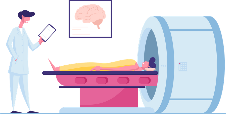 Patient Lying Down on Mri Scan Machine with Doctor Standing Next to Him  Illustration