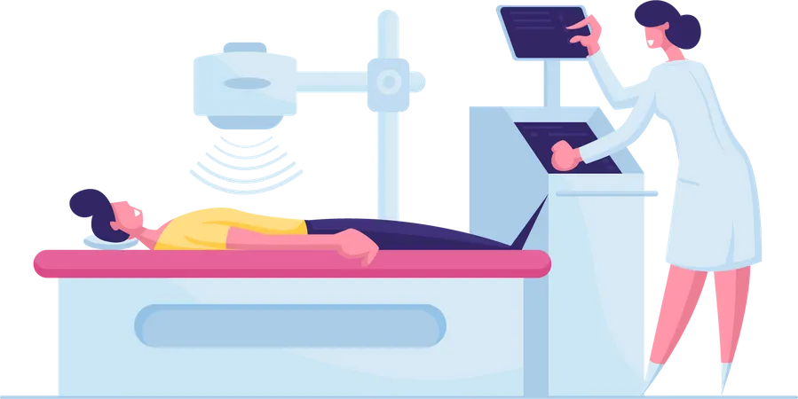 Patient Lying Down on X-ray or Mri Scan Machine with Nurse  Illustration