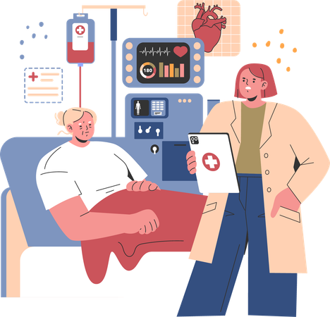 Patient lying on hospital bed while doctor reviewing his report  Illustration