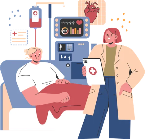 Patient lying on hospital bed while doctor reviewing his report  Illustration