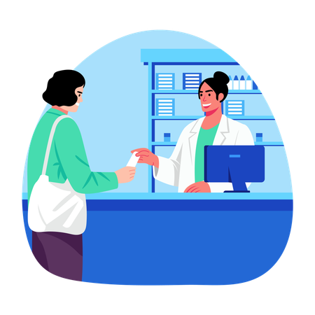 Patient purchases medicines from pharmacy store  Illustration