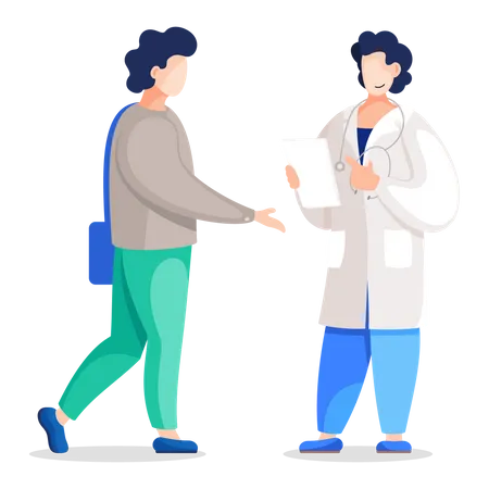 Patient Talking With Doctor Practitioner Isolated People In Flat Cartoon Style Vector Illustration Of Physician Consultant And Clinical Visitor Discussing Health Issues Physiotherapist And Client Illustration