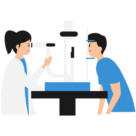 Patient undergoes an eye examination using an optometer  Illustration