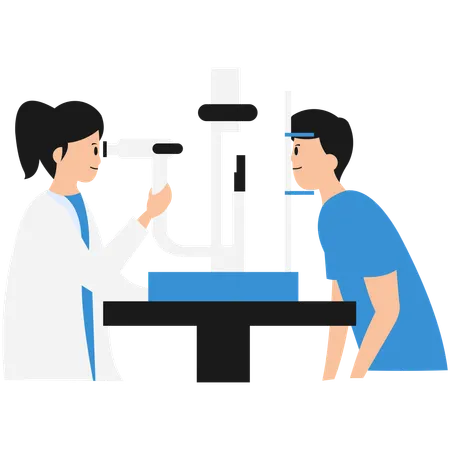 Patient undergoes an eye examination using an optometer  Illustration