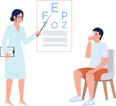 Patient unterzieht sich beim Arzt einer Sehuntersuchung  Illustration