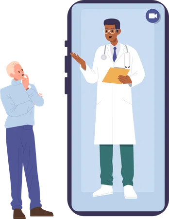 Man Character Patient Visiting Doctor Using Digital Application Online Technology And Wireless Internet Via Smartphone Vector Illustration Remote Consultation Emergency Help And First Aid From Home Illustration