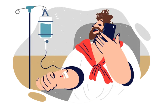 Patient with iv drip talks on phone in hospital  Illustration
