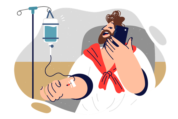 Patient with iv drip talks on phone in hospital  Illustration