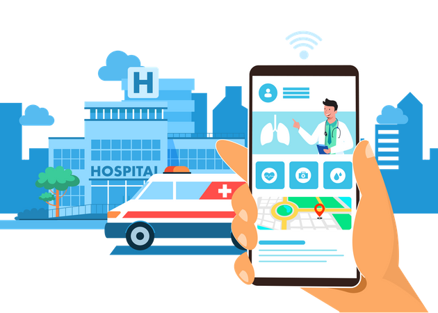 Patienten können per Telefon einen Krankenwagendienst rufen  Illustration