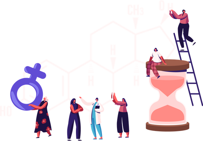 Patientinnen und Arzt vor riesiger Östrogenformel  Illustration