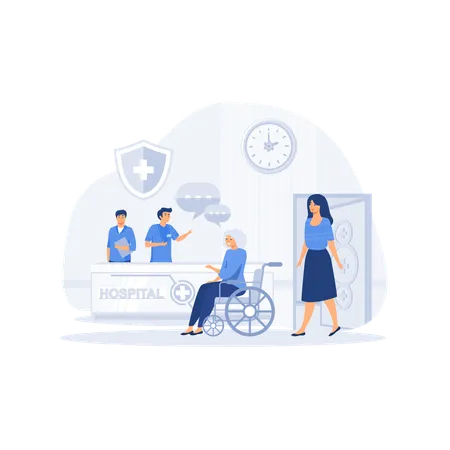 Patients at hospital reception desk registering and paying at desk  Illustration