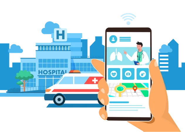 Hospital Service Patients Can Call An Ambulance Service Via Phone Or Online Via The Hospitals Website For 24 Hours Healthcare Hospital And Medical Diagnostics Urgency Services Flat Vector Illustration Illustration