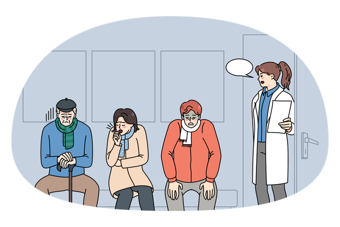 診察の順番を待つ患者たち  イラスト