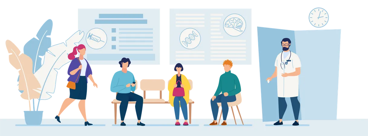 Patients Sitting in Chairs Waiting Appointment Time at Hospital Doctor Consultation Modern Clinic Illustration